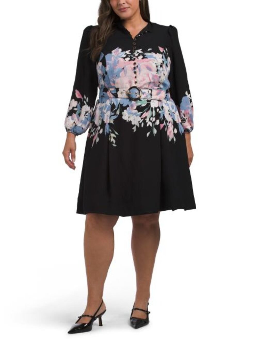 TAHARI ASL Plus Belted Long Sleeve Dress